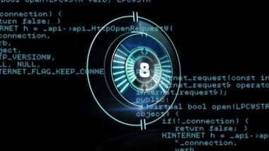 Kapsam taramasında veri işleme animasyonu ve siyah arkaplanda geri sayım. küresel hesaplama, veri işleme, bağlantılar ve dijital arayüz konsepti dijital olarak oluşturulmuş video.