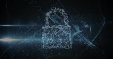 Tarama animasyonu, numaralar ve çevrimiçi güvenlik kilidi. küresel internet güvenliği, veri işleme, bağlantılar ve dijital arayüz konsepti dijital olarak oluşturulmuş video.