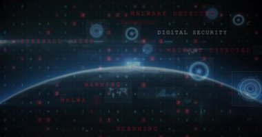 Animasyon siber saldırı uyarısı dürbün taraması ve veri işleme. küresel internet güvenliği, siber suç, bağlantılar ve dijital olarak oluşturulmuş veri işleme kavramı.