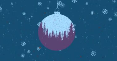 Mavi arka planda ağaçların olduğu Noel 'in üzerine yağan kar animasyonu. Noel, gelenek ve kutlama konsepti dijital olarak oluşturuldu.