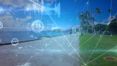 Denizde koşan beyaz bir adam üzerindeki bağlantı ağının animasyonu. Sağlıklı, aktif yaşam tarzı ve dijital olarak oluşturulan küresel bağlantılar.