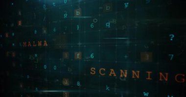 Tarama animasyonu, numaralar ve çevrimiçi güvenlik kilidi. küresel internet güvenliği, veri işleme, bağlantılar ve dijital arayüz konsepti dijital olarak oluşturulmuş video.