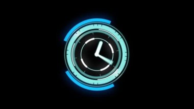 Siyah arkaplanda saatle tarama animasyonu. küresel bağlantılar, veri işleme ve dijital arayüz konsepti dijital olarak oluşturulmuş video.