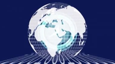 Dünya küresinin, saatin ve mavi arkaplanda ikili kodlamanın animasyonu. küresel bağlantılar, veri işleme ve dijital arayüz konsepti dijital olarak oluşturulmuş video.