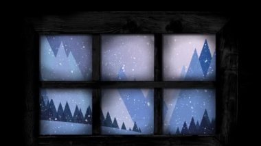 Pencereden görülen ren geyikleriyle Noel Baba 'nın kızakta canlandırması. Noel, gelenek ve kutlama konsepti dijital olarak oluşturuldu.