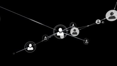 Siyah arkaplan üzerindeki simgelerle bağlantı ağının animasyonu. küresel bağlantılar, veri işleme ve dijital arayüz konsepti dijital olarak oluşturulmuş video.