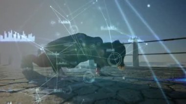 Rıhtımda şınav çeken beyaz bir kadın için bağlantı ve veri ağı animasyonu. sağlıklı aktif yaşam tarzı ve küresel ağ konsepti dijital olarak oluşturulmuş video.