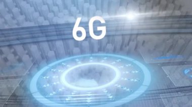 Kapsam taraması ve hareket eden sütunlar üzerinde 6G metin animasyonu. küresel bağlantılar, teknoloji, veri işleme ve dijital arayüz konsepti dijital olarak oluşturulmuş video.