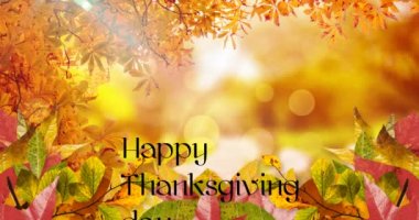 Sonbahar yaprakları üzerindeki Şükran Günü mesajının animasyonu. Amerikan bayramı, sonbahar, sonbahar, gelenek ve kutlama konsepti dijital olarak oluşturulmuş video.