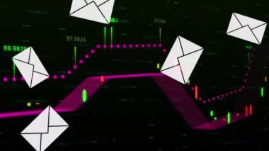 Siyah arkaplanda istatistiksel verilerin ve e- posta simgelerinin canlandırılması. küresel sosyal medya ve iletişim konsepti dijital olarak oluşturulmuş video.