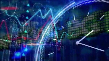 Metin üzerinden saat animasyonu, veri işleme ve finansal istatistikler. küresel hesaplama, veri işleme, bağlantılar ve dijital arayüz konsepti dijital olarak oluşturulmuş video.