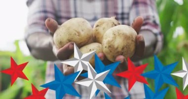 Afro-Amerikan çiftçilerinin patates tutması üzerine kırmızı, mavi ve beyaz yıldızların animasyonu. Amerikan vatanseverliği ve bağımsızlık kavramı dijital olarak oluşturulmuş video.