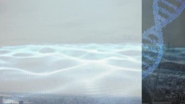 Şehir manzarası üzerinde DNA ipliği ve veri işleme animasyonu. küresel iş, veri işleme ve dijital arayüz kavramı dijital olarak oluşturulmuş video.