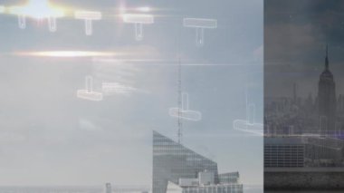 Şehir manzarası üzerinde DNA ipliği ve veri işleme animasyonu. küresel iş, veri işleme ve dijital arayüz kavramı dijital olarak oluşturulmuş video.