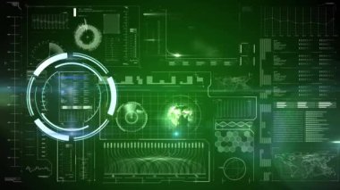 Yeşil arkaplanda tarama ve veri işleme animasyonu. küresel iş, veri işleme, bağlantılar ve dijital arayüz konsepti dijital olarak oluşturulmuş video.