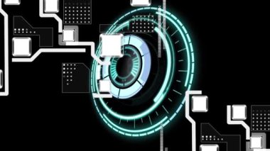 Bilgisayar devre kartının siyah arka plandaki güvenli kilidin üzerindeki animasyonu. küresel hesaplama, veri işleme, bağlantılar ve dijital arayüz konsepti dijital olarak oluşturulmuş video.