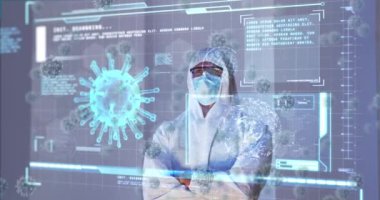 Yüz maskesi takan erkek doktorun üzerindeki virüs hücrelerinin ve dijital arayüzün animasyonu. küresel tıp, sağlık ve teknoloji covid 19 salgın konsepti boyunca dijital olarak üretilen video.