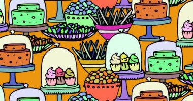 Cadılar Bayramı şekeri ve pastaların turuncu arka planda canlandırılması. Cadılar bayramı geleneği ve dijital olarak oluşturulan kutlama konsepti.