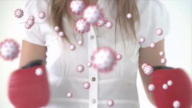 Kafkas kadın boksunun ortasında virüs hücrelerinin canlandırılması. küresel covid 19 salgın hastalık ve sağlık konsepti dijital olarak üretilen video.