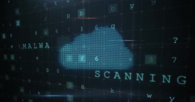Tarama, numaralar, bulut ve çevrimiçi güvenlik kilidi animasyonu. küresel internet güvenliği, veri işleme, bağlantılar ve dijital arayüz konsepti dijital olarak oluşturulmuş video.