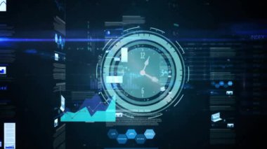 Saatin animasyonu istatistik ve finansal veri işleme üzerinde hızla ilerliyor. küresel iş, finans, bağlantılar ve dijital olarak oluşturulmuş video işleme kavramı.