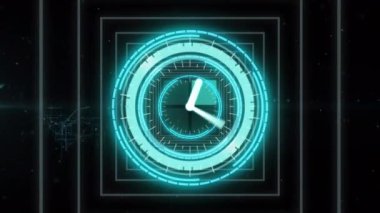 Siyah arkaplanda geometrik şekiller üzerinde saatle taramanın animasyonu. küresel bağlantılar, veri işleme ve dijital arayüz konsepti dijital olarak oluşturulmuş video.