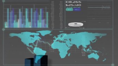 Dünya haritası üzerinde veri işleme ve finansal istatistiklerin animasyonu. küresel hesaplama, veri işleme, bağlantılar ve dijital arayüz konsepti dijital olarak oluşturulmuş video.