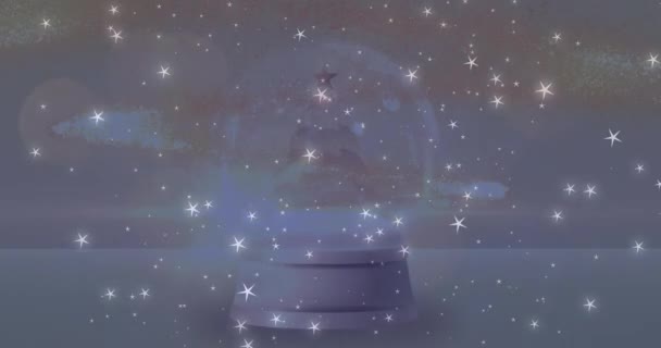 Animación Estrellas Cayendo Sobre Globo Nieve Sobre Fondo Gris Navidad — Vídeos de Stock