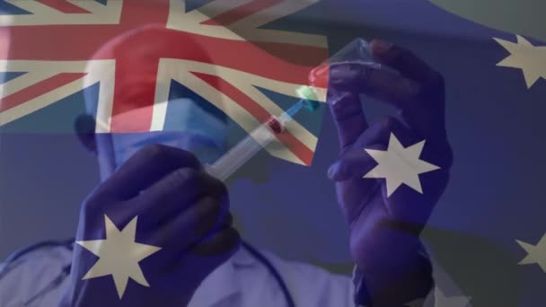 Κινούμενη Σημαία Της Αυστραλίας Κυματίζει Πάνω Από Γιατρό Φορώντας Μάσκα — Αρχείο Βίντεο