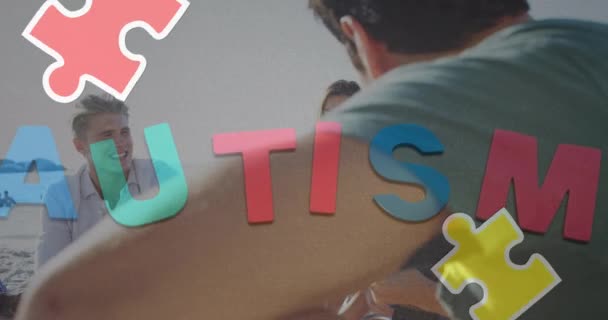 Animação Peças Quebra Cabeça Coloridas Texto Autismo Sobre Amigos Felizes — Vídeo de Stock