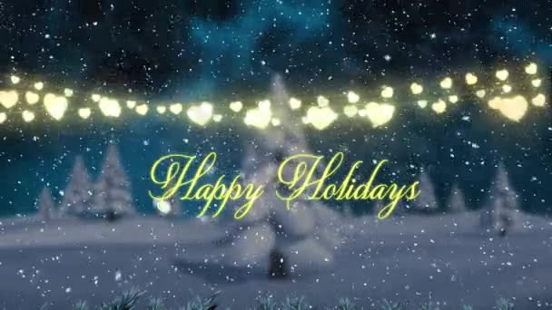 Анимация Сезонных Поздравлений Рождественскими Сказочными Огнями Снегом Падающим Зимний Пейзаж — стоковое видео