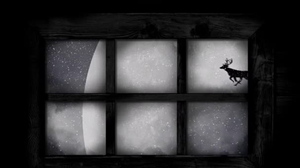 Animación Santa Claus Trineo Con Renos Vistos Través Ventana Navidad — Vídeos de Stock