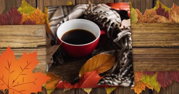 Animation Tasse Café Avec Couverture Sur Des Feuilles Automne Sur — Video