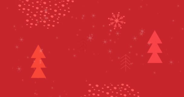 Animación Nieve Cayendo Sobre Decoraciones Navideñas Abetos Sobre Fondo Rojo — Vídeo de stock