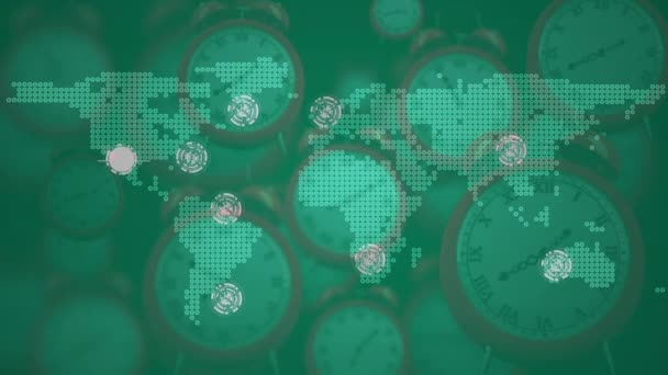 Animering Nätverk Anslutningar Över Klockor Grön Bakgrund Globala Anslutningar Databehandling — Stockvideo