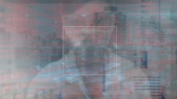 Animering Databehandling Över Människan Vidrör Digitalt Gränssnitt Och Stadsbild Globalt — Stockvideo