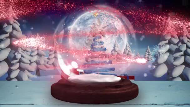 Snowflakes Shooting Star Spinning Christmas Tree Snow Globe Winter Landscape — Stock Video