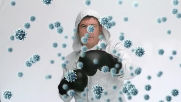 Animation Von Viruszellen Über Dem Kaukasischen Männerboxen Global Covid Pandemie — Stockvideo
