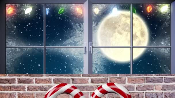 Snoepstok Pictogram Feeënlampjes Raamkozijn Tegen Sneeuw Vallen Het Winterlandschap Kerstfeest — Stockvideo