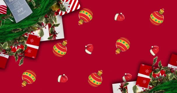 在圣诞节的图案上 杉树枝条和礼物的动画化 圣诞节 传统和庆祝概念数字制作的视频 — 图库视频影像