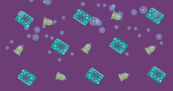 Animation Snow Falling Christmas Pattern Bells Presents Purple Background Christmas — Stock Video