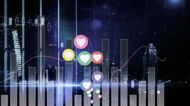 Yerindeki Istatistiksel Verilerin Kalp Simgelerinin Animasyonu Küresel Sosyal Medya Iletişim — Stok video