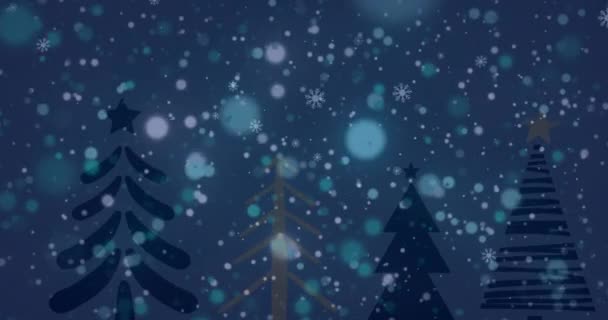 Animation Snow Falling Fir Trees Dark Background Christmas Tradition Celebration — Stock Video