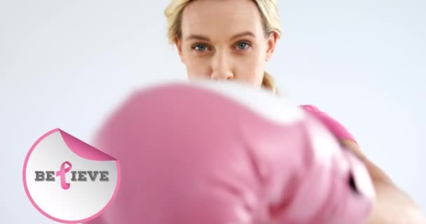 Animering Bröstcancer Medvetenhet Text Över Kvinnliga Boxare Bröstcancer Positiv Medvetenhet — Stockvideo