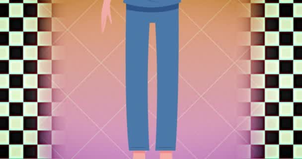 女医生动画和粉红背景的黑白正方形 Coronavirus Covid期间的医疗和保健服务 — 图库视频影像