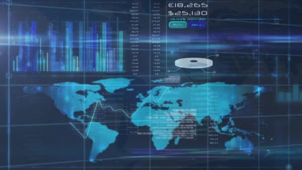 Анимация Обработки Данных Финансовой Статистики Карте Мира Глобальные Вычисления Обработка — стоковое видео