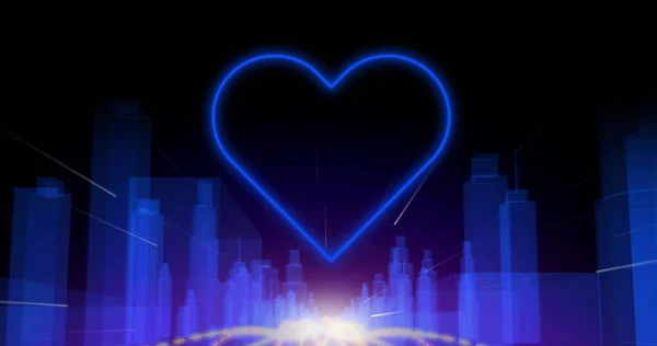 Image Blue Neon Heart Flashing Blue Cityscape Black Valentine Day — Stock Photo, Image