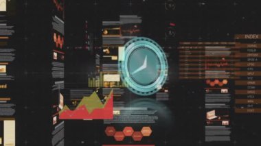Saatin animasyonu istatistik ve finansal veri işleme üzerinde hızla ilerliyor. küresel iş, finans, bağlantılar ve dijital olarak oluşturulmuş video işleme kavramı.