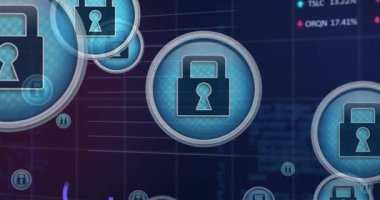 Finansal veri işleme üzerine asma kilit simgelerinin canlandırılması. küresel iş, finans ve dijital arayüz kavramı dijital olarak oluşturulmuş video.