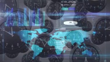 Saat üzerinden bağlantı ağı ve istatistiklerin animasyonu. küresel bağlantılar, veri işleme ve dijital arayüz konsepti dijital olarak oluşturulmuş video.